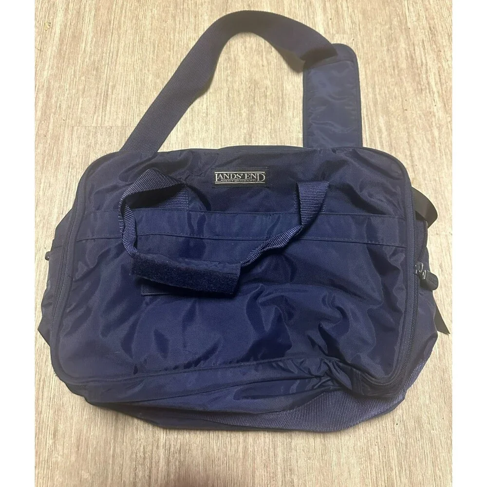 Lands End Direct Merchants Navy Nylon Messenger Bag Multi Pocket Travel